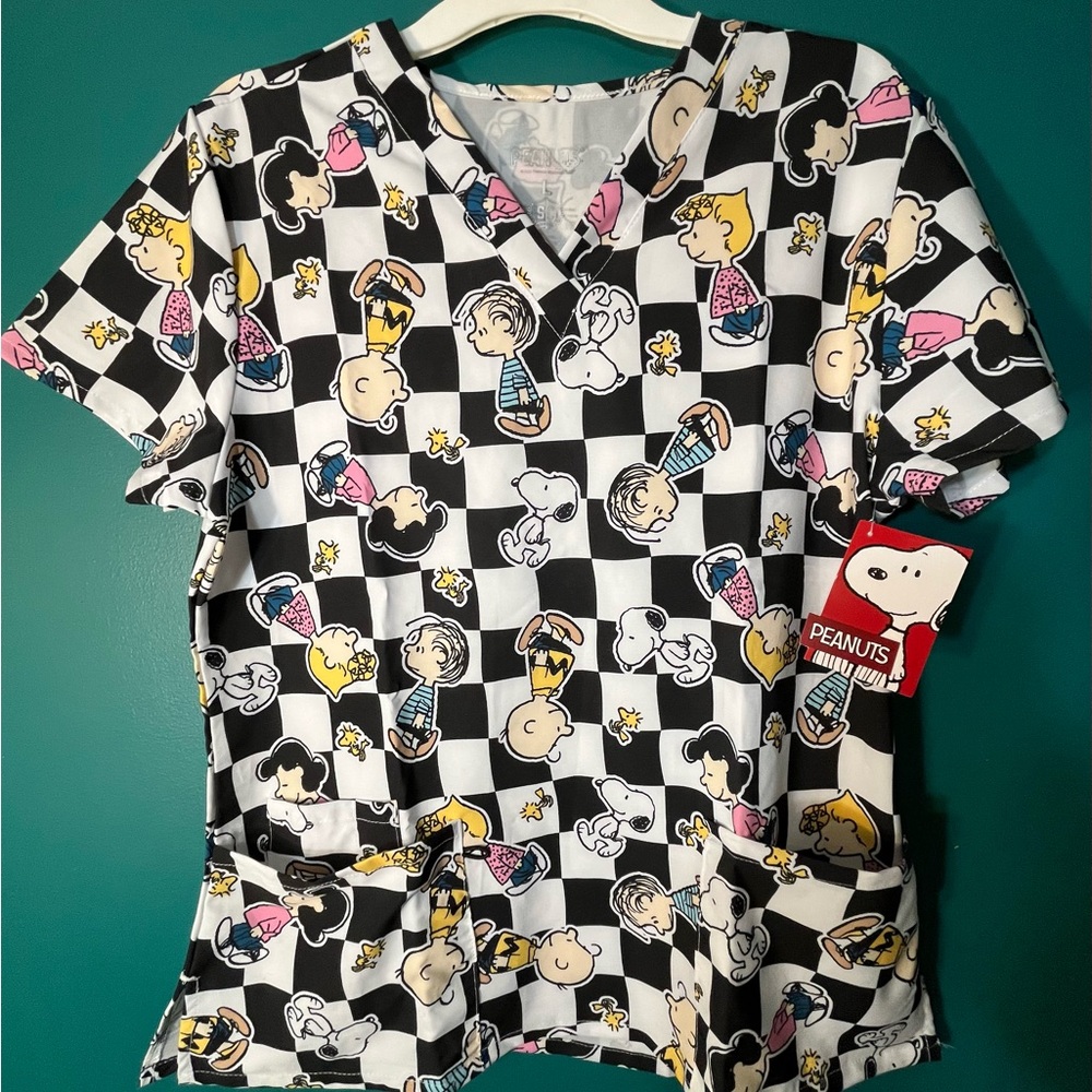 Peanuts Black and White Checkered Scrub Top with Characters